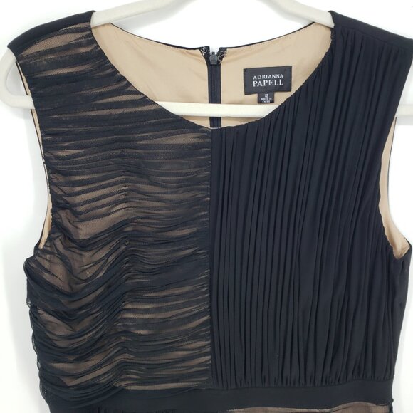 Adrianna Papell Ruched Mesh Sheath Cocktail Dress 12 Sleeveless Nude Black Tan - Picture 6 of 10
